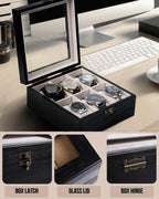 Watch Box, Watch Case for Men Women with Large Glass Lid, Wooden Watch Display Storage Box with 6 - Slots, Charcoal Black 6x2 Mens Watch Box Organizer