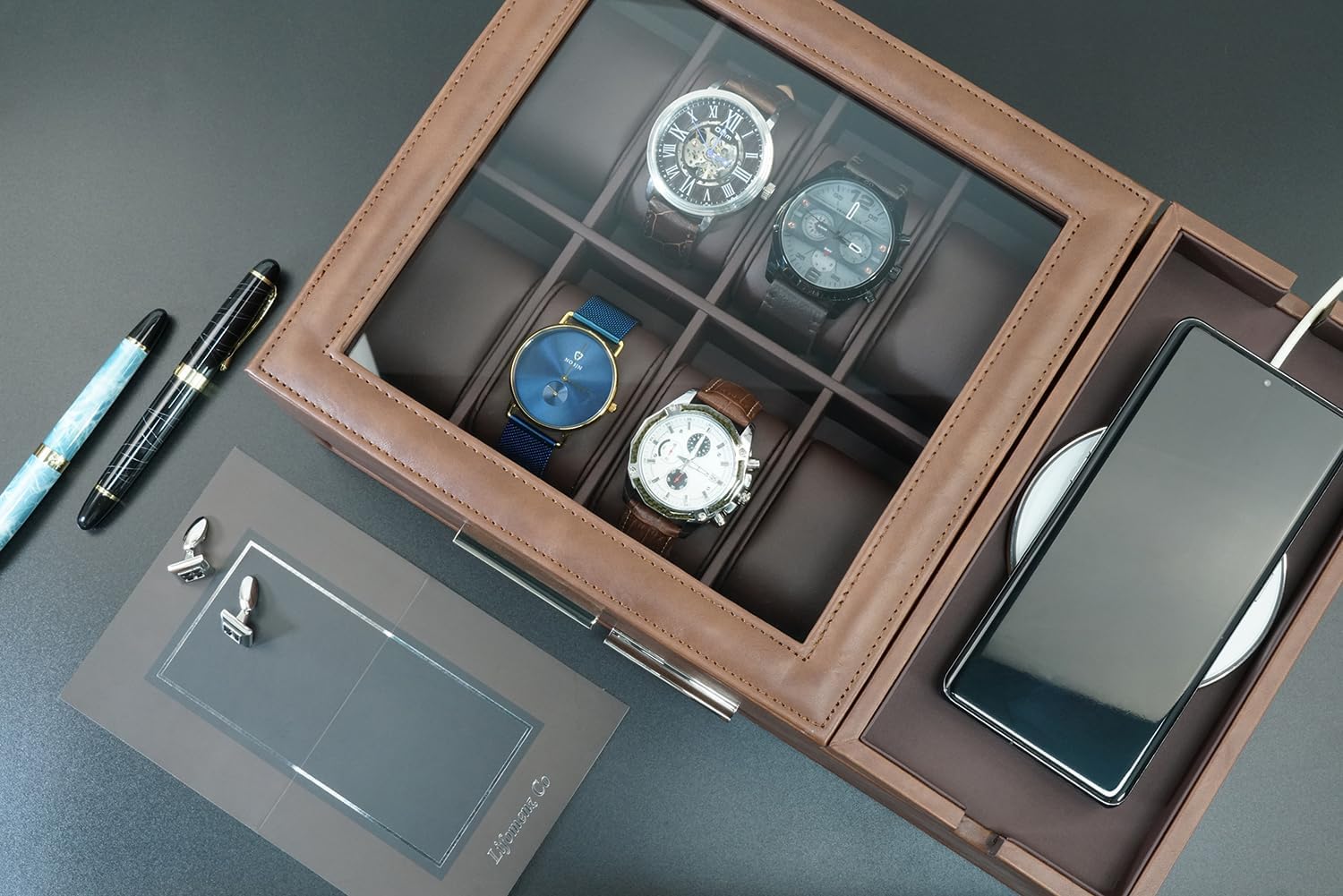 Men's Jewelry Box Organizer - 8 Watch Slots Valet Tray with Drawer for Watch, Phone, Wallet, Ring, Cufflink - Brown
