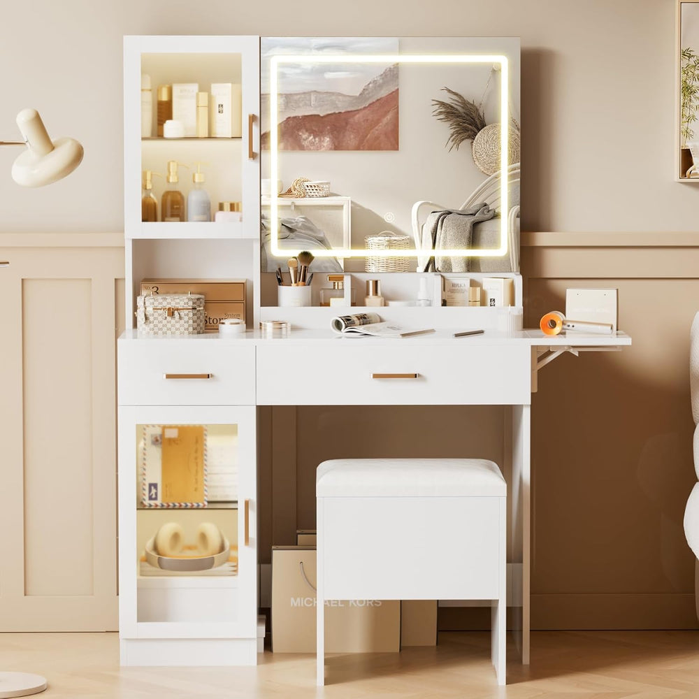 NUNU LAB 42 Inchs Large Vanity Desk with Mirror and Lights | 6 Drawers and 4 ...
