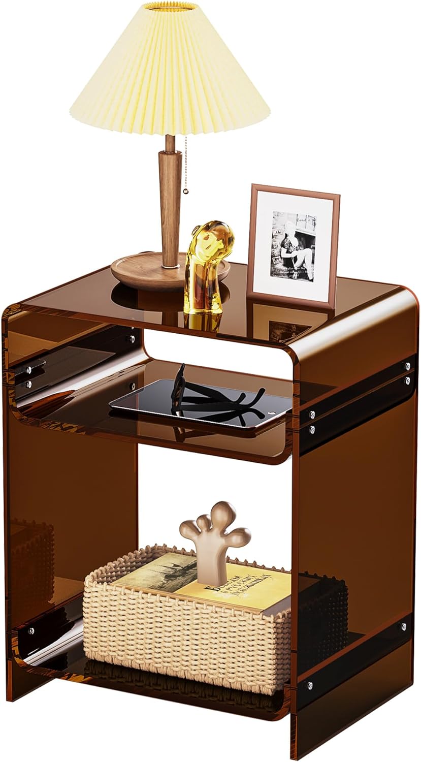 Acrylic End Table Record Player Table with Storage Shelf Clear Side Table Nig...