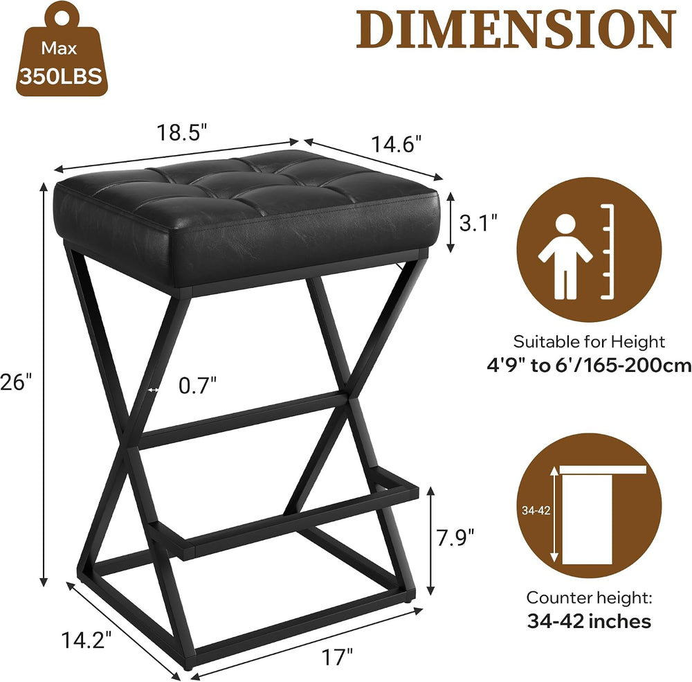 Bar Stools Set of 2, 26" Leather Counter Height Bar Stools, Black