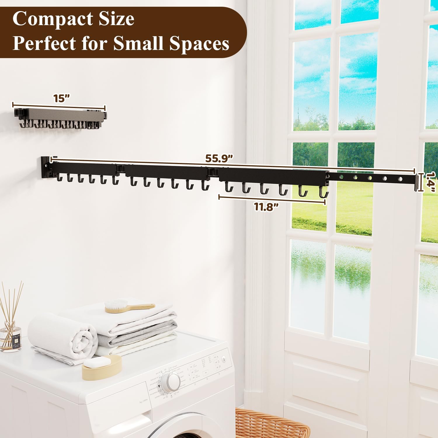 SVELTHOME Clothes Drying Rack Wall Mounted, Foldable Laundry Drying Rack,Retractable Tri-Fold Space Saver for Laundry Room Bathroom (Black)