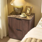Fluted Nightstand with 2 Drawers, Bedside Table with Faux Marble-Top, Engineered Wood End Table with Curved Corners, Metal Handle, Modern Night Stand for Bedroom, Small Spaces, Dark Oak