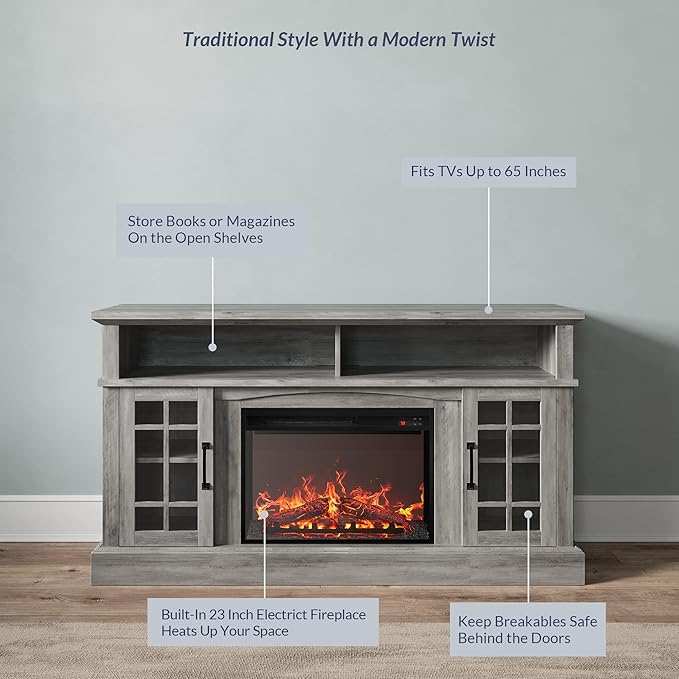 BELLEZE Traditional 58" Rustic TV Stand with 23" Electric Fireplace Heater with Sound, Media Entertainment Center Console Table for TV up to 65" with Open Storage Shelves and Cabinets - Grey Wash