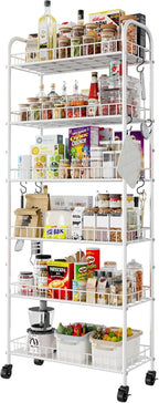 6 Tier Slim Rolling Storage Cart with Wheels, Metal Mobile Shelving Unit Organizer Utility Cart for Office Bathroom Kitchen Laundry Room Narrow Places (White 10 Inches)