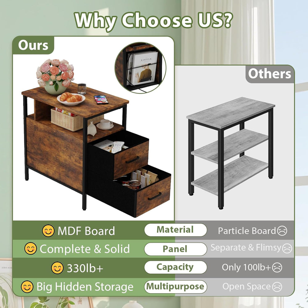 End Table with Charging Station, Narrow Side Table with 2 Fabric Drawers &amp...