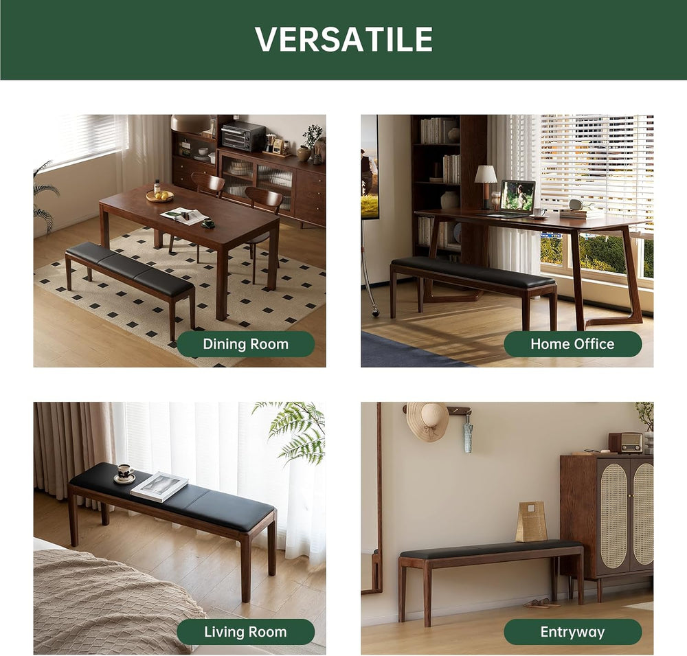 55" Solid Oak Dining Bench with Faux Leather Upholstered Seat, Mid Centu...