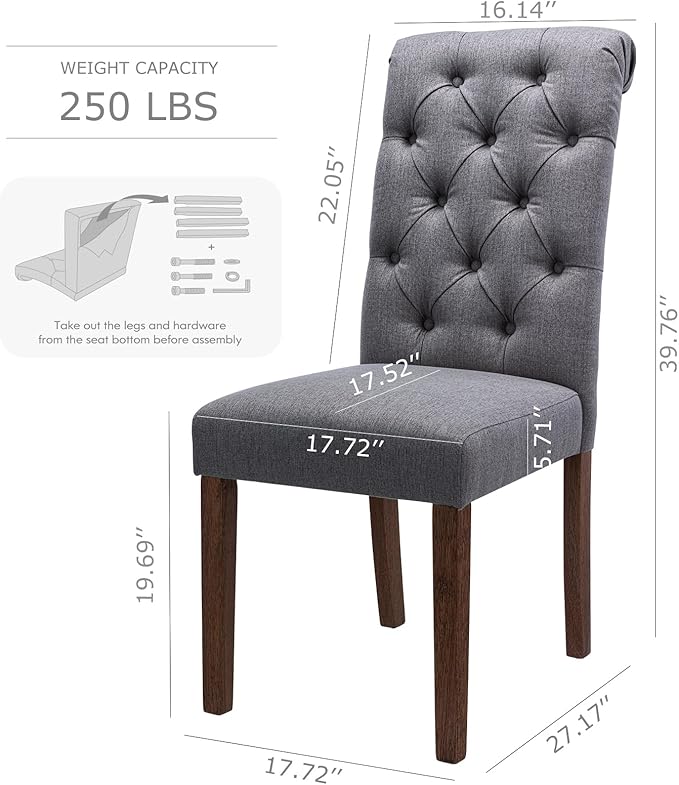 Tufted Dining Chairs Set of 6, Upholstered Parsons Dining Room Chairs, Fabric Kitchen Side Chair with Wood Legs, Dark Grey