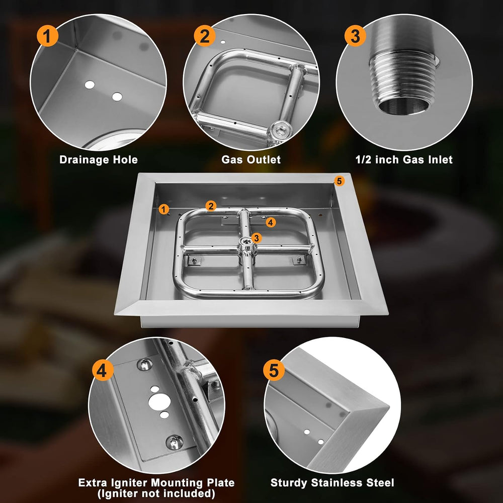 Onlyfire 12" Square Fire Pit Burner Pan with Square Burner Ring, 88,000 BTU