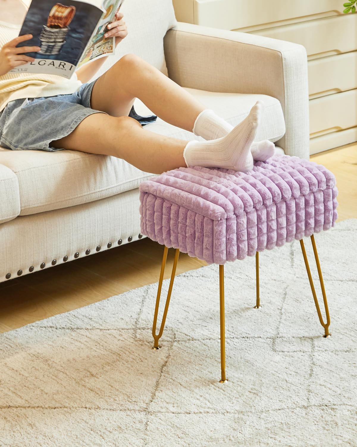 IBUYKE Rectangle Vanity Chair Ottoman, Footrest Stool, Purple WBD004V | Storage Space Footstool Vanity Stool Dressing Table Chair Anti-Slip Feet Makeup Room Bedroom Square Grid Pattern