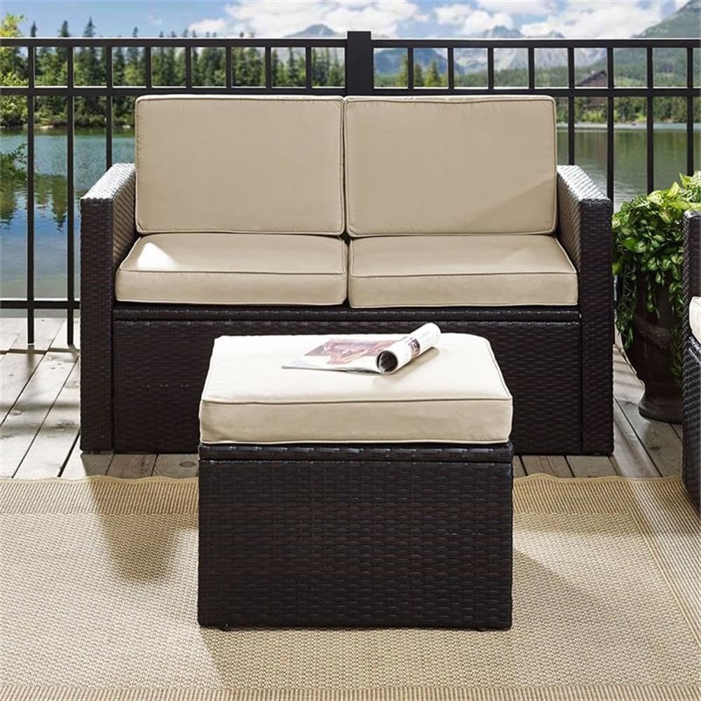 Pemberly Row Wicker Patio Ottoman, Brown Finish with Sand Cushions, Resin Wic...