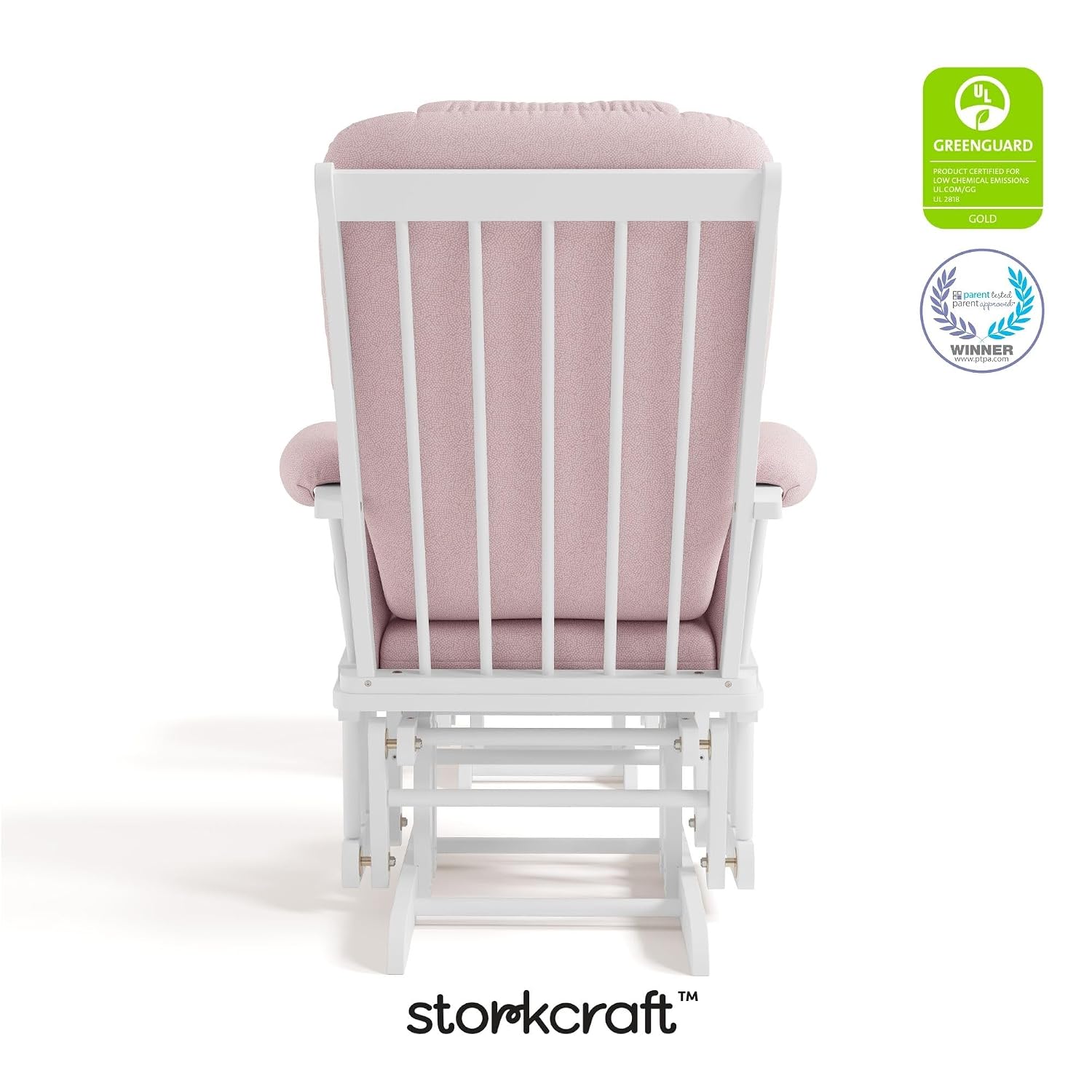 Storkcraft Tuscany Custom Glider and Ottoman with Free Lumbar Pillow (White/Pink Blush Swirl) - Cleanable Upholstered Comfort Rocking Nursery Chair with Ottoman