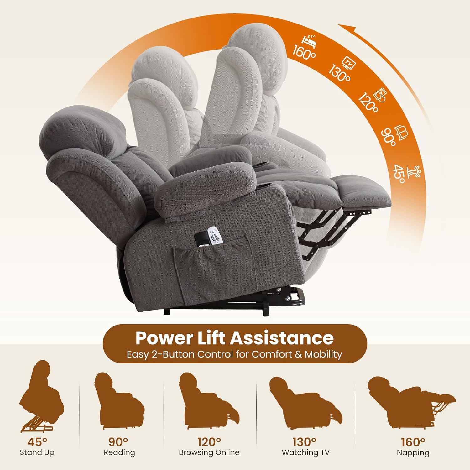 BOSMILLER Electric Power Lift Recliner Chair Sofa with Massage and Heat for Elderly,Lift Chair with Cup Holder & Side Pockets for Living Room
