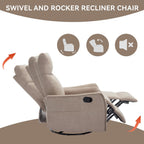 Anwick 360° Swivel Rocker Recliner Chair with Heat and Massage, Manual Upholstered Recliner for Small Spaces, Fabric Glider Nursery Chair with Side Pockets for Living Room (Khaki)