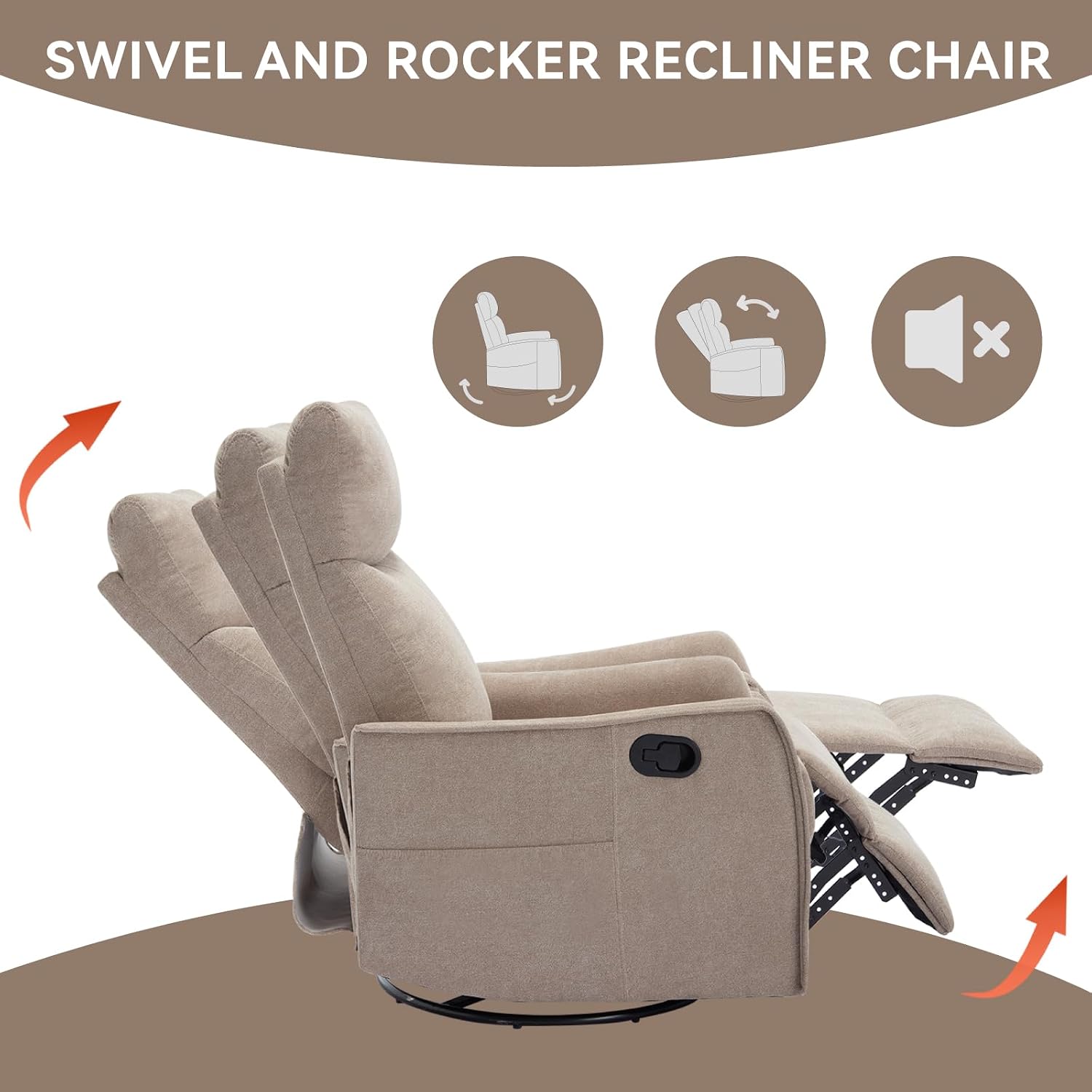 Anwick 360° Swivel Rocker Recliner Chair with Heat and Massage, Manual Upholstered Recliner for Small Spaces, Fabric Glider Nursery Chair with Side Pockets for Living Room (Khaki)