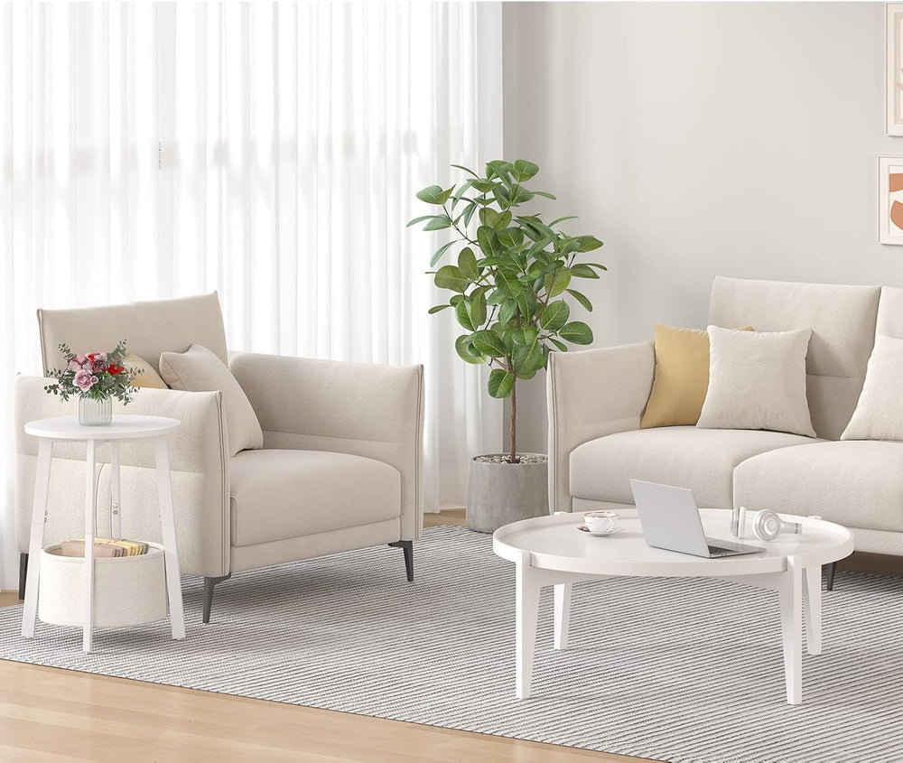 sthmec Small Round Side End Table with Cloth Storage Basket, Round Bedside So...