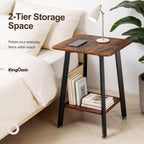 King Oasis 2-Tier Small Side Table for Living Room, End Table with Storage Shelf, Wood & Metal Bedside Table Nightstand for Small Spaces, Sturdy Sofa Side Table for Bedroom, Rustic Brown