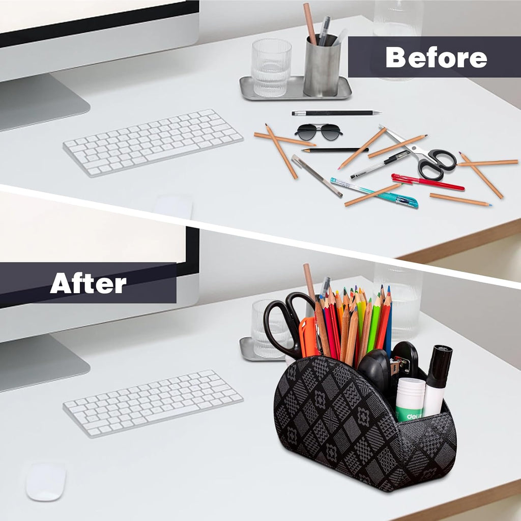 Remote Control Holders Organizer Box with 5 Compartment PU Leather Multi-functional Office Desk Storage Caddy Store Tv Remote for Media Player,Brush,Pencil,Glassees&Office Supplies (Grey print)