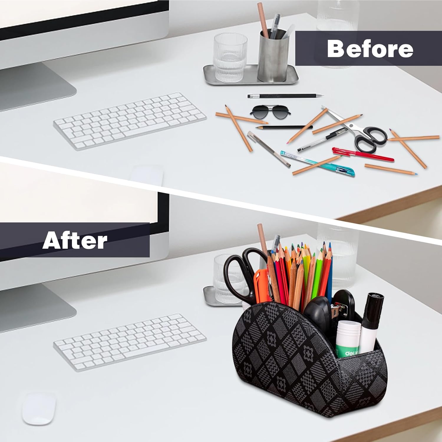 Remote Control Holders Organizer Box with 5 Compartment PU Leather Multi-functional Office Desk Storage Caddy Store Tv Remote for Media Player,Brush,Pencil,Glassees&Office Supplies (Grey print)