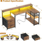 Aheaplus L Shaped Desk with File Drawer, Reversible L Shaped Computer Desk Gaming Desk with Power Outlet & LED Strip, Home Office Desk Corner Desk with Monitor Shelf, Storage Shelves, Rustic Brown