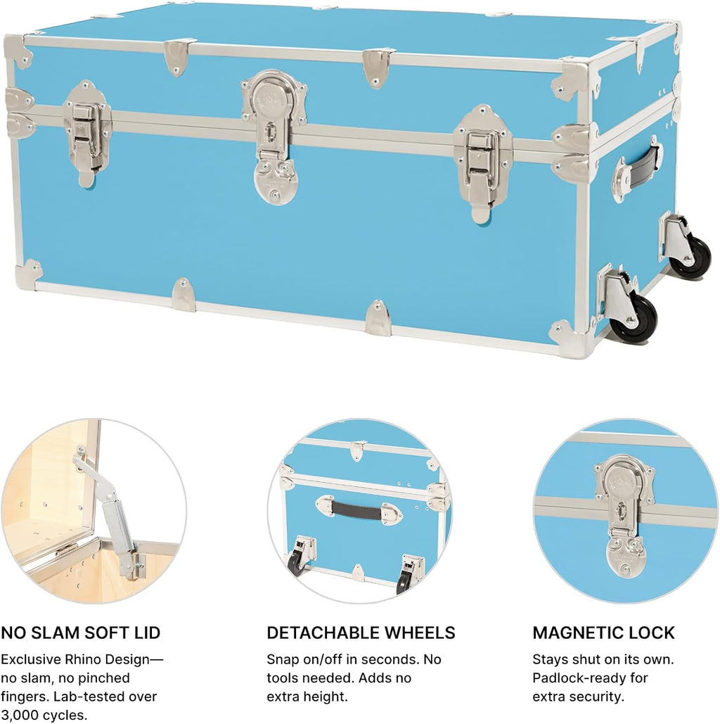 Rhino Classic XL Trunk with Wheels for Camp and Dorm, Footlocker, Chest | 34"L x 20"W x 15"H, 1500+ lb Capacity, Baltic Birch Plywood, Nickel Plated Steel, Durable, Removable, College Dorm