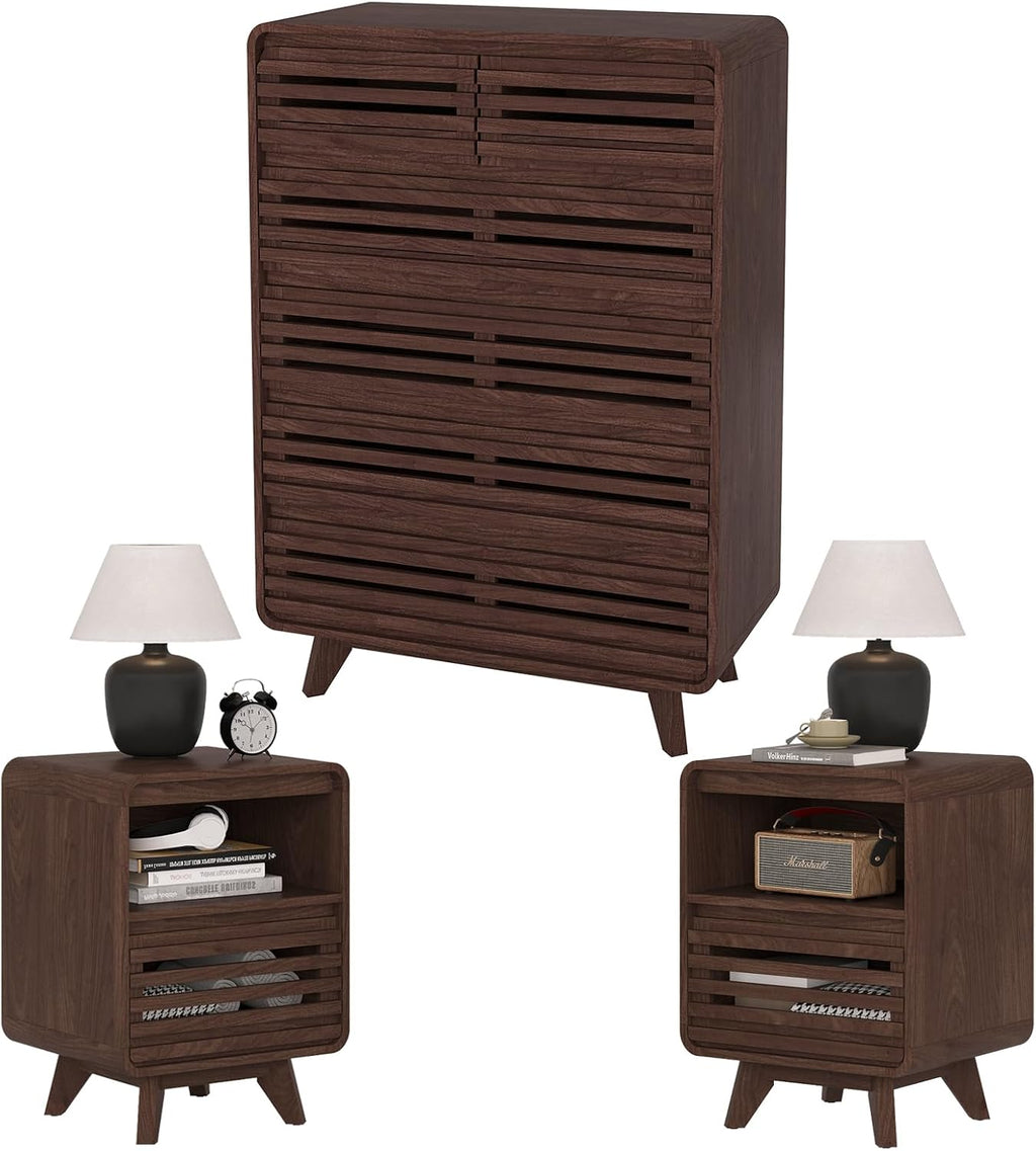 3 Piece Bedroom Set, Tall Dresser and Nightstand Sets for Bedroom, Fluted 6 Drawer Dresser and Nightstand Set of 2, Wood Chest of Drawers Storage Organizer Cabinet Set, Dark Walnut