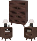 3 Piece Bedroom Set, Tall Dresser and Nightstand Sets for Bedroom, Fluted 6 Drawer Dresser and Nightstand Set of 2, Wood Chest of Drawers Storage Organizer Cabinet Set, Dark Walnut