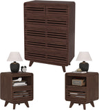3 Piece Bedroom Set, Tall Dresser and Nightstand Sets for Bedroom, Fluted 6 Drawer Dresser and Nightstand Set of 2, Wood Chest of Drawers Storage Organizer Cabinet Set, Dark Walnut