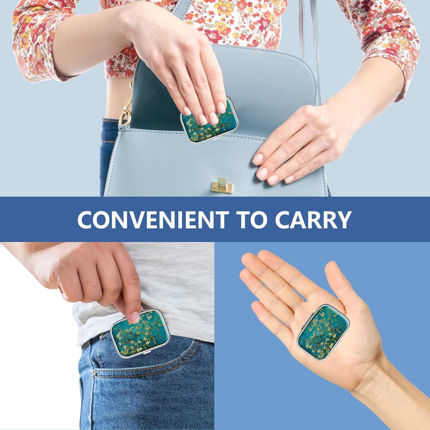 Pill Box 2 Compartment Medicine Pill Case,Portable for Pocket or Purse Pill Box Decorative Metal Medicine Vitamin Organizer Unique Gift（Bule Marble）