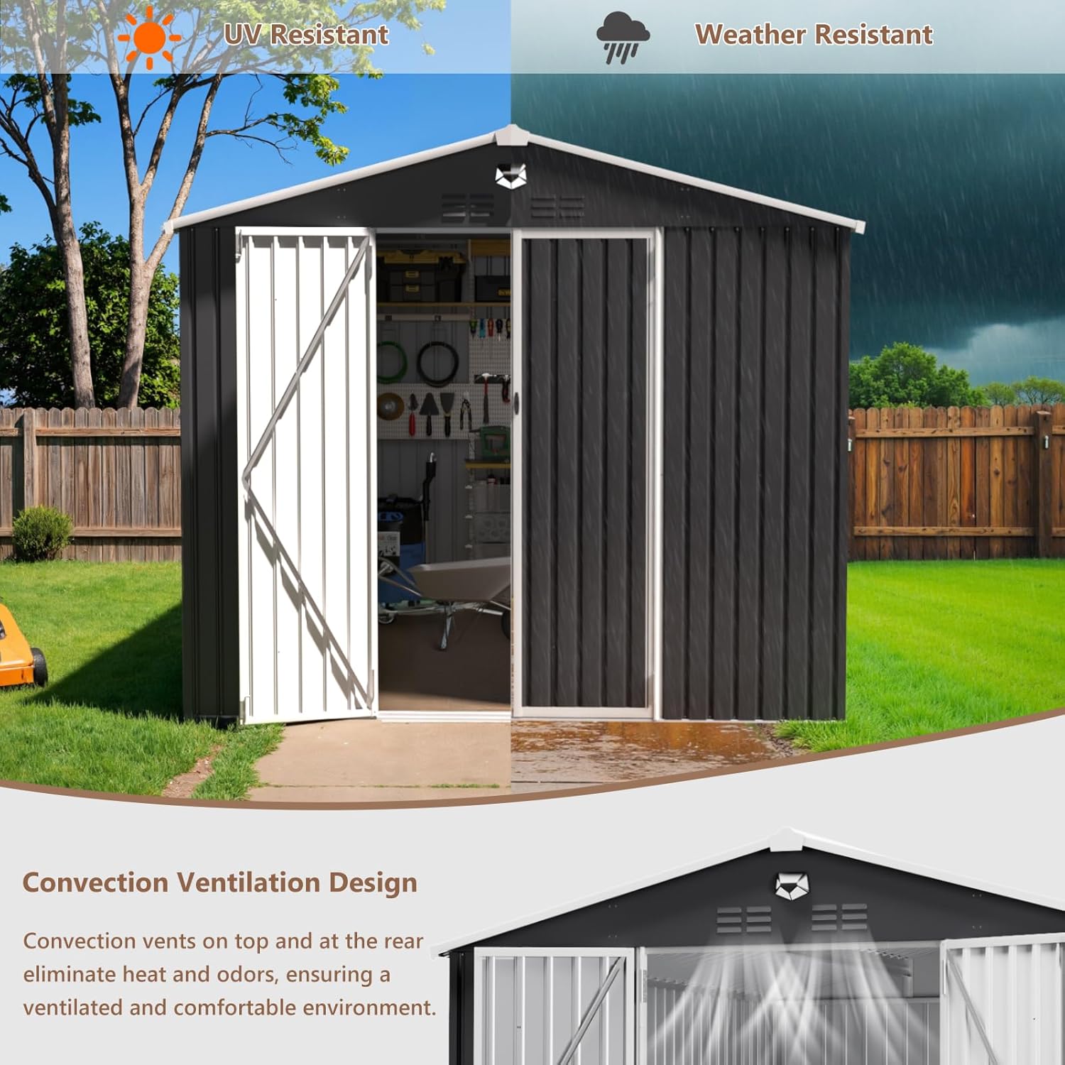 10X12 FT Outdoor Storage Shed, Metal Garden Shed - Tool Storage Sheds with Lockable Doors, Waterproof Outside Storage Building for Backyard, Patio (Black; Floor Not Included)