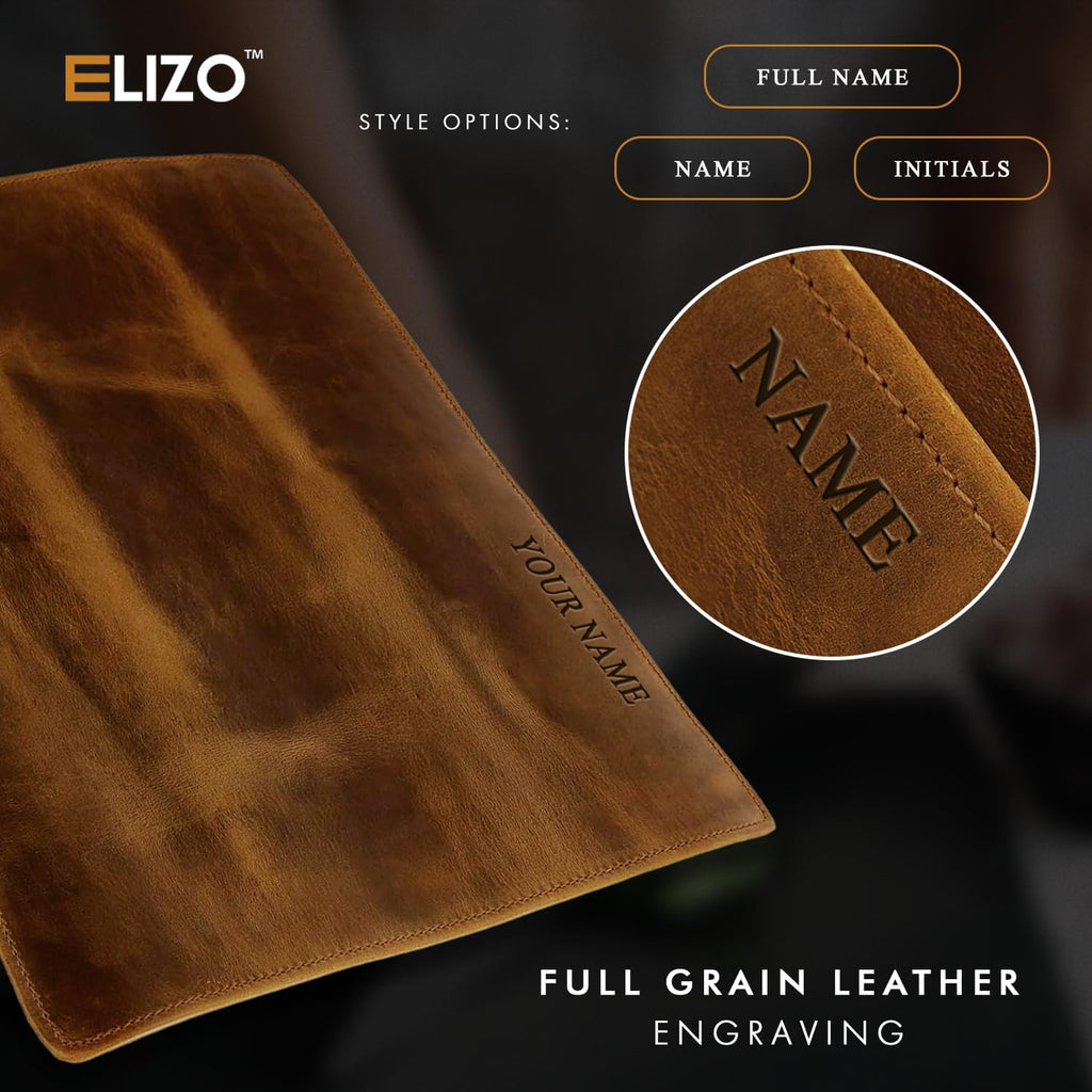 Personalized Premium Full Grain Leather Chef Knife Roll, 17L x 14W Inches Knife Storage Travel Case, Professional Custom Monogram Embossed Chef Knife Case - Holds 4 Chef Knives