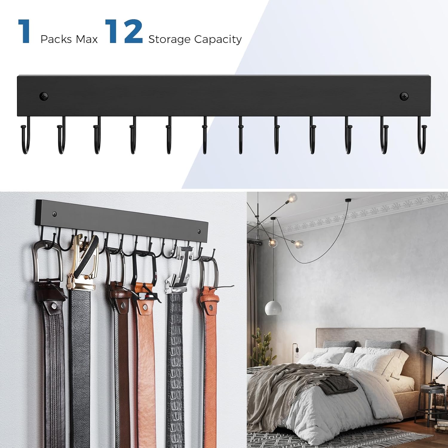 Belt Hanger Wall Mounted, Wooden Belt Organizer Max 12 Storage Capacity, 180° Rotating Space Saving Hangers for Ties, Tank Tops, Scarves, Bras, Keys, Bags 1 Pcs Black