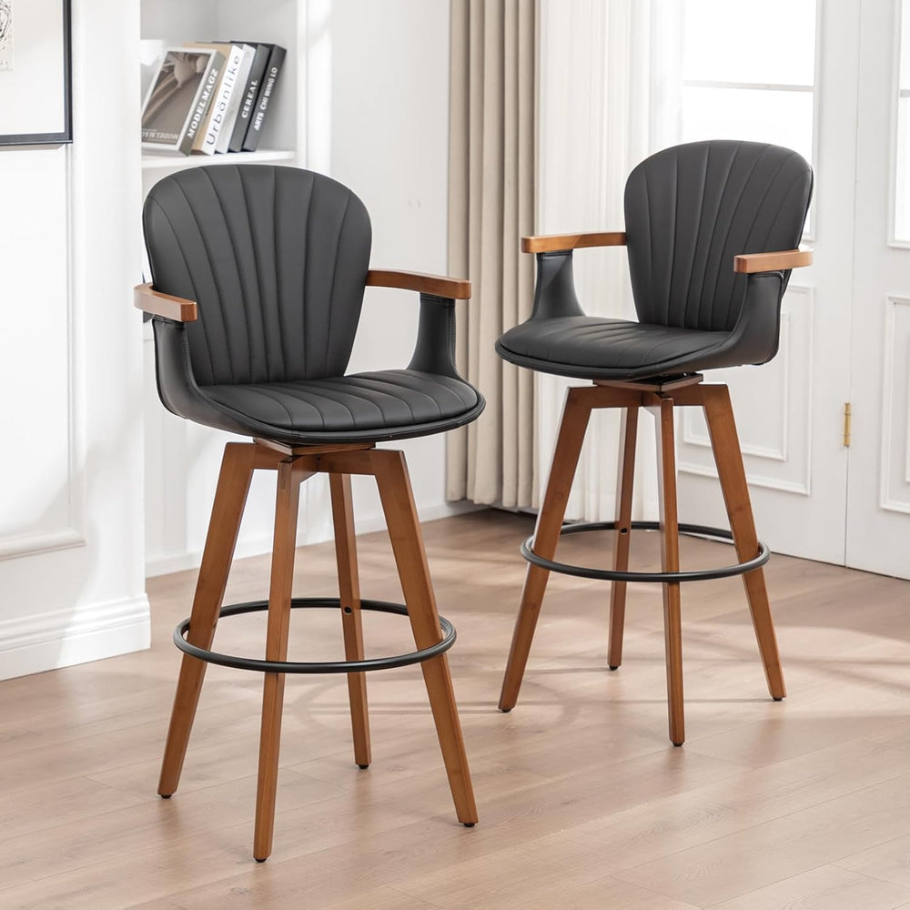 LUNLING 30” Bar Height Stools,Mid Century Modern Bar Stools,Black PU Leather ...