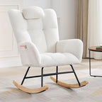 Rocking Chair Nursery, Teddy Upholstered Glider Rocker with High Backrest, Modern Rocking Accent Chair with Headrest, Comfy Armchair for Living Room, Bedroom, Offices, Beige