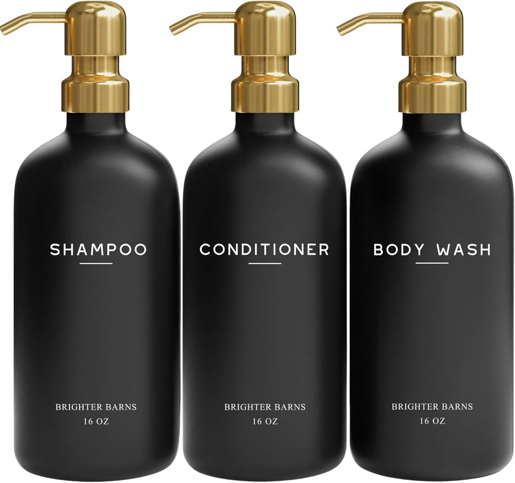 Luxury Shampoo and Conditioner Dispenser Set by Brighter Barns - Black and Gold Shower Soap Dispenser Set - Refillable Body Wash & Shampoo Bottles - Luxury Bathroom Decor for Spa, Airbnb (Black Gold)