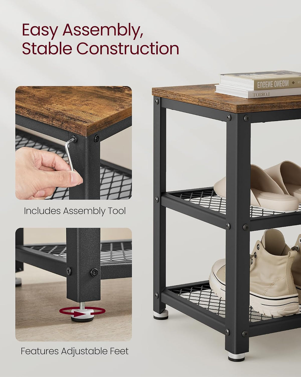 VASAGLE 3-Tier Shoe Rack, Shelf Storage Bench with Metal Mesh Shelves and Sea...