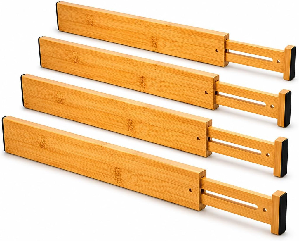 Bamboo Drawer Dividers, 16.5"-22" Adjustable Expandable Organizers, 4 Pack, Tension Mount, Slip Resistant, for Kitchen and Home