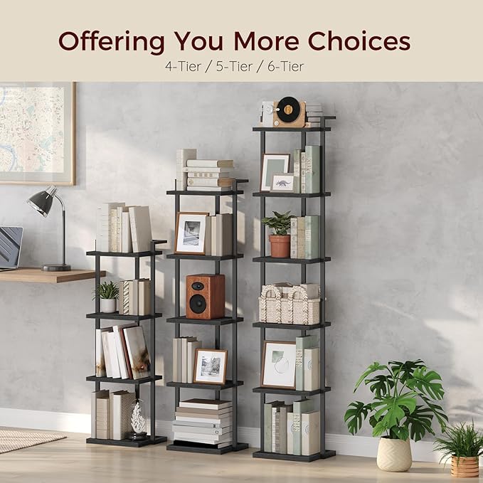 Bookshelf, 6-Tier Bookcase, Vertical Tall Narrow Book Shelf for Small Space, Open Storage Display Shelf with Stable Base & Anti-Tip Kits, for Living Room, Office, Study, Black BKBK11601
