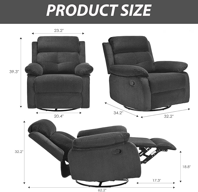 Swivel Rocker Recliner with 360 Degree Swivel, Small Recliners with 30 Degree, 90-150 Degree Angle, Lift Chair for Home Theater Seating, Adults, Living Room, Bedroom, Nursery, Dark Gray