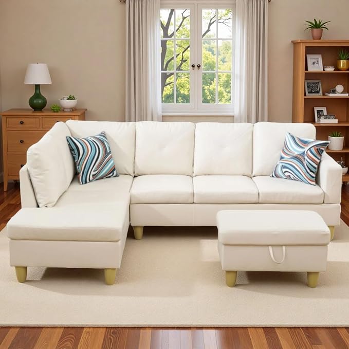 3-Piece L-Shaped Modular Leather Sofa – Convertible Sectional Couch with Movable Chaise & Storage Ottoman, Multi-Scene Use for Living Room, Apartment & Office, White