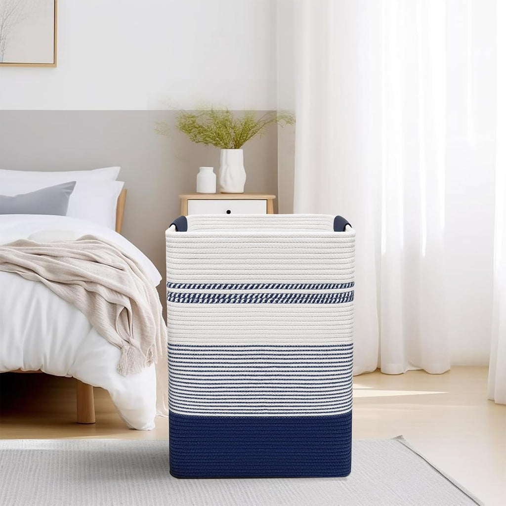 DOFASAYI Laundry Basket - 85L Large Woven Baskets for Storage - Cotton Rope Laundry Hamper, Decorative Storage Basket for Blankets, Clothes Hamper for Living Room, Bedroom, Dark Blue & White