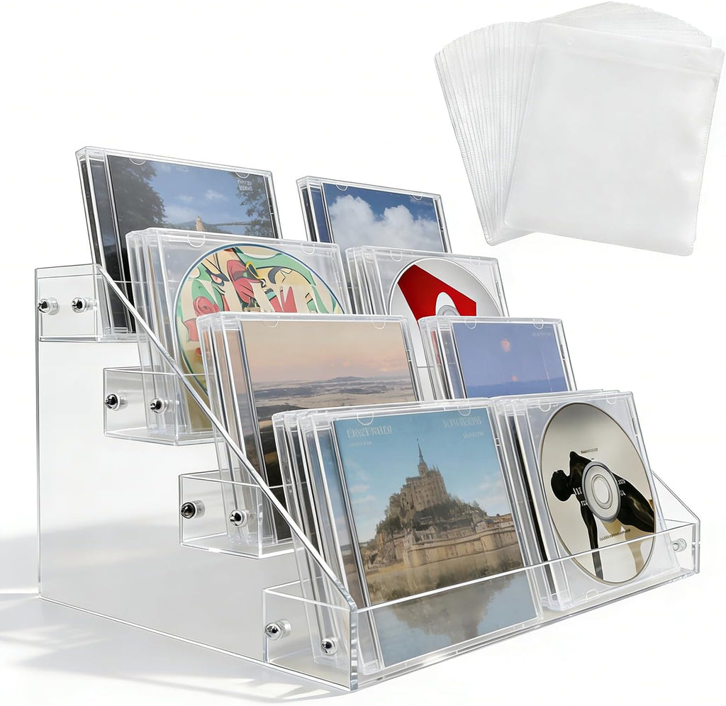 4-tier clear acrylic cascading CD holder, DVD/CD display stand, storage box, and vinyl record shelf. Holds up to 32 standard CD cases and includes 20 CD/DVD sleeves for organized media storage.