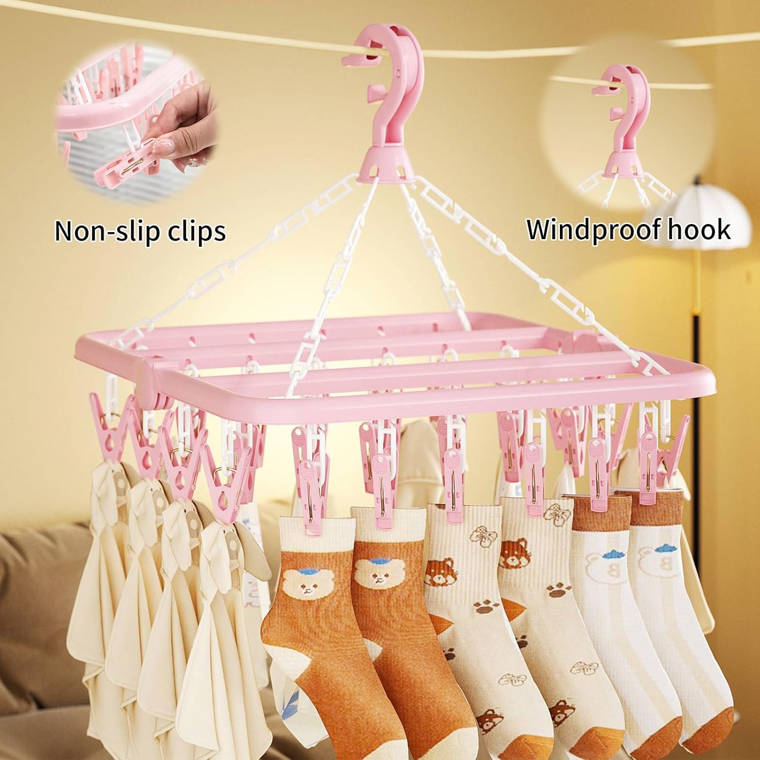 Laundry Drying Rack with 32 Hanger Clips, Foldable Clip Hangers for Drying Socks, Underwear & Towels, Portable Clothes Rack, 360° Rotatable Hook Plastic Baby Hangers (Light Green)