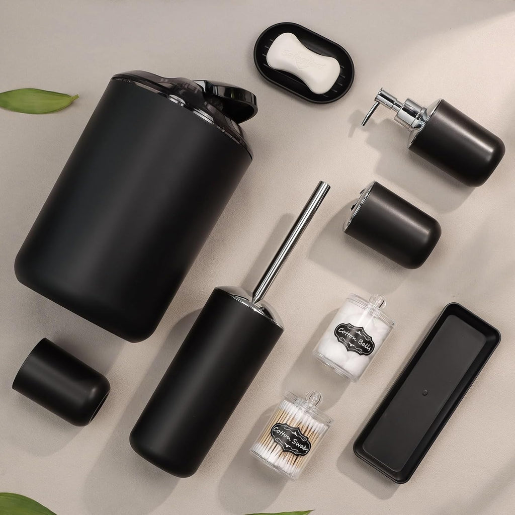 IMAVO Bathroom Accessories Set,Black Bathroom Set,9 Pieces Bathroom Accessory Set,Tray,Qtip Holders,Toilet Brush,Trash Can for Bathroom Décor and Home Gifts