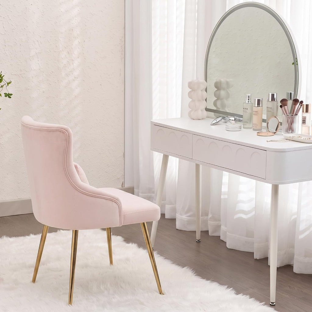 Velvet Vanity Chairs with Back, Upholstered Makeup Chair No Wheels with Metal Legs & Lumbar Pillow for Living Room/Makeup Room/Bedroom/Home Office/Kitchen