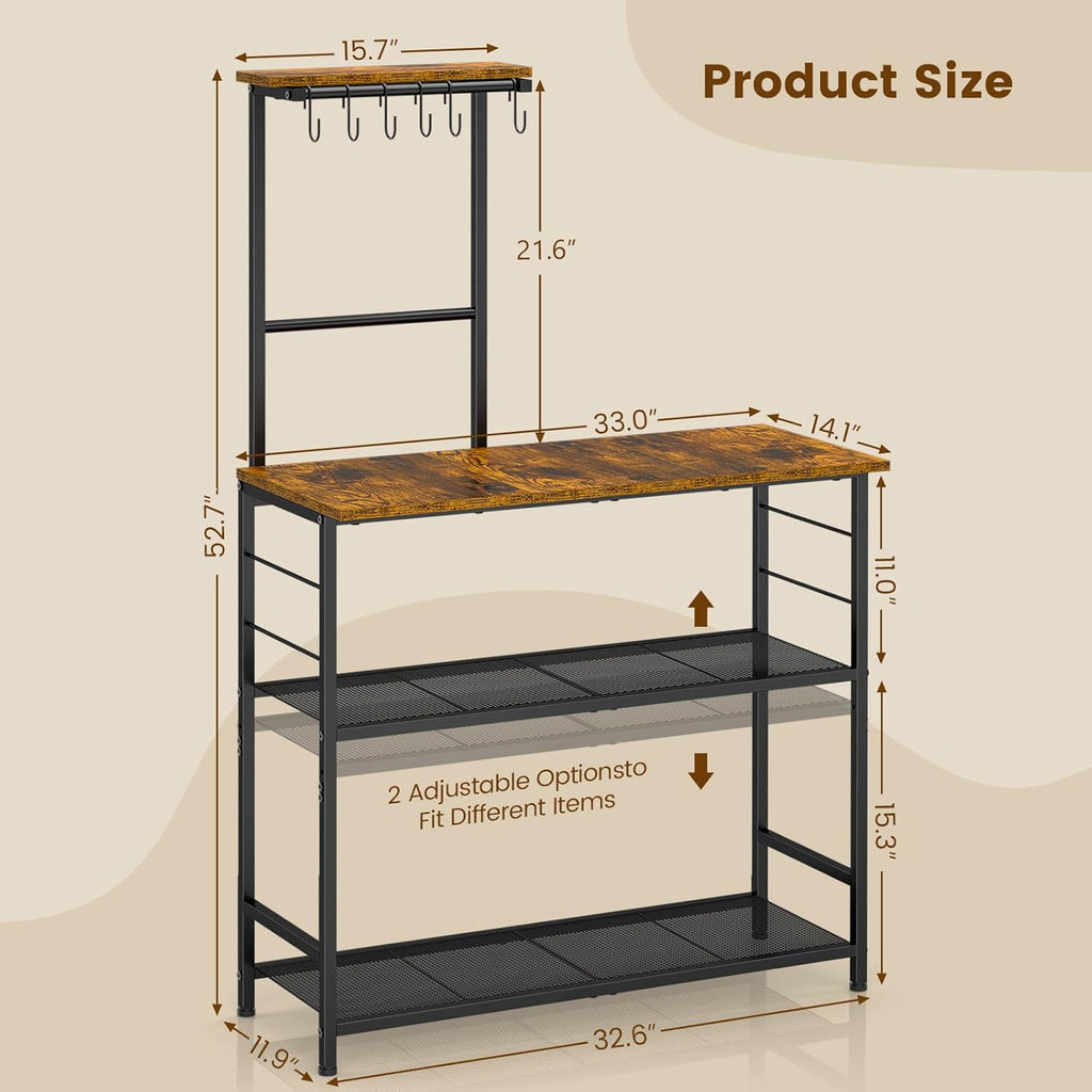 3IngSeagulls Bakers Rack with Storage, Kitchen Microwave Stand with Adjustable shelf and 6 S Hooks, 4-Tier Coffee Station Table, Kitchen Shelves for Spices, Pots, Rustic Brown