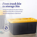 HOMZ 4-Pack Durabilt Tote, Heavy Duty Plastic Storage Bins with Lids, 27 Gallon, Black/Yellow - Stackable Organizing Containers for Home, Garage, and Shed