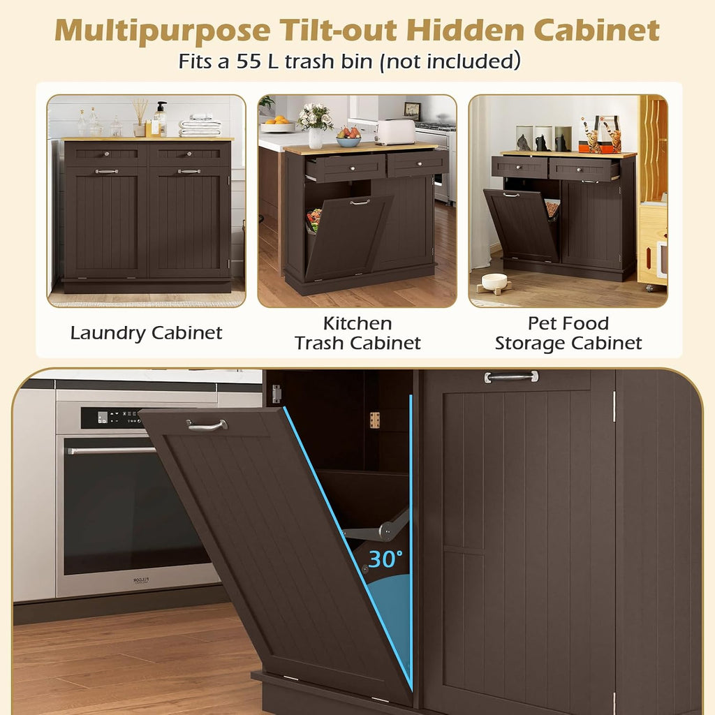 Tilt Out Trash Cabinet, Laundry Cabinet with 2 Drawers & Adjustable Shelf, Rubber Wood Counter Top, Recycle Bins for Dining Room, Kitchen (Brown)
