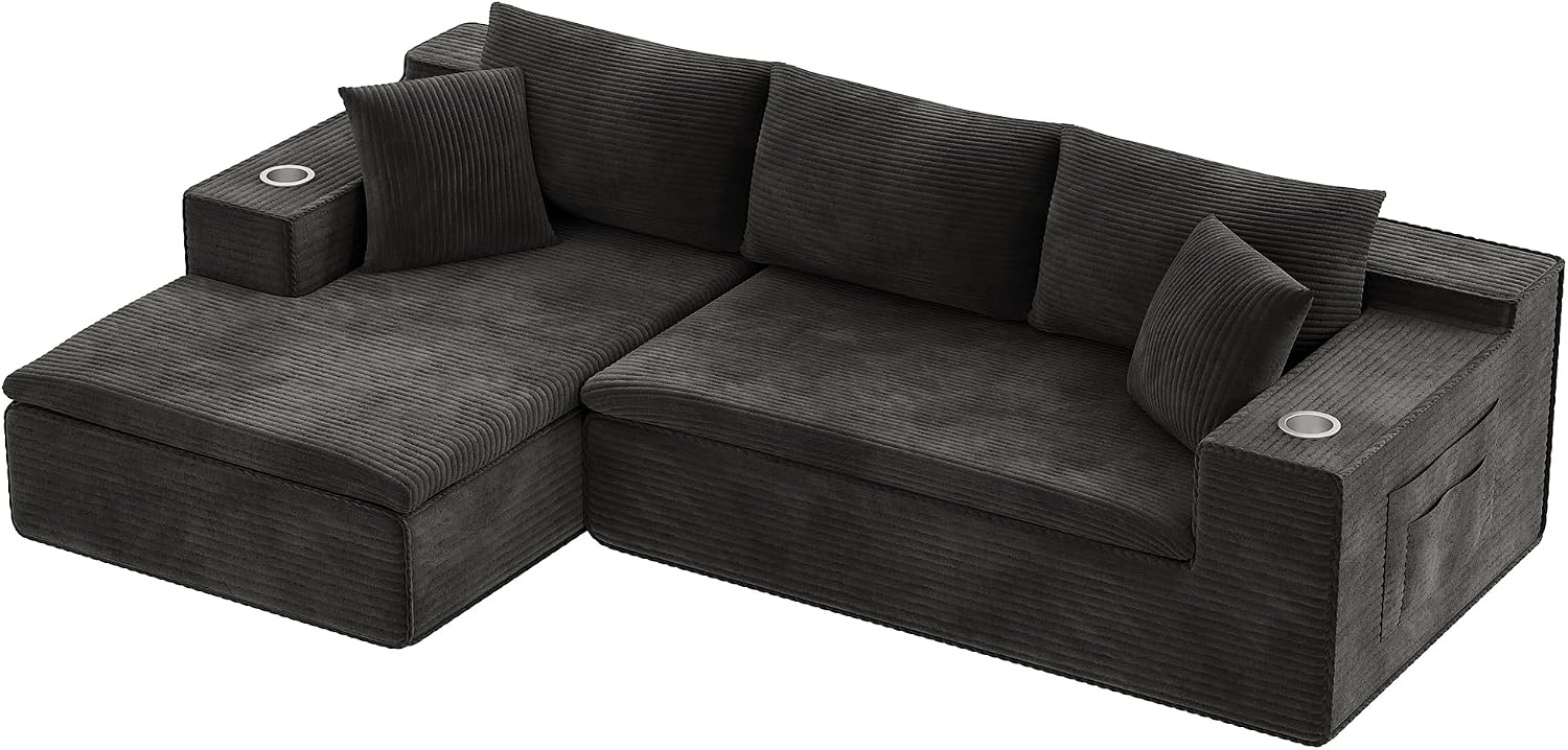 Homall 109" Boneless Couch with Memory Foam, Modular Sectional Sofa with L-Shape Chaise, Cloud Couch with Deep Seat, Dual Cup Holders & Side Pockets, No Assembly Required (Black)