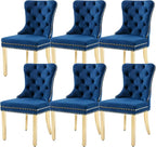 KCC Velvet Dining Chairs Set of 6, Upholstered High-end Tufted Dining Chair with Nailhead Back Ring Pull Trim Stainless Steel Legs, Contemporary Nikki Collection Modern Style for Kitchen, Blue